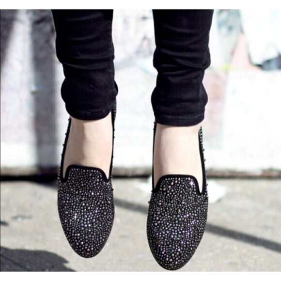 Stuart Weitzman Sz 6 M 6M Black Silver Studded Spiked Smoking Loafers Shoes - Picture 4 of 16